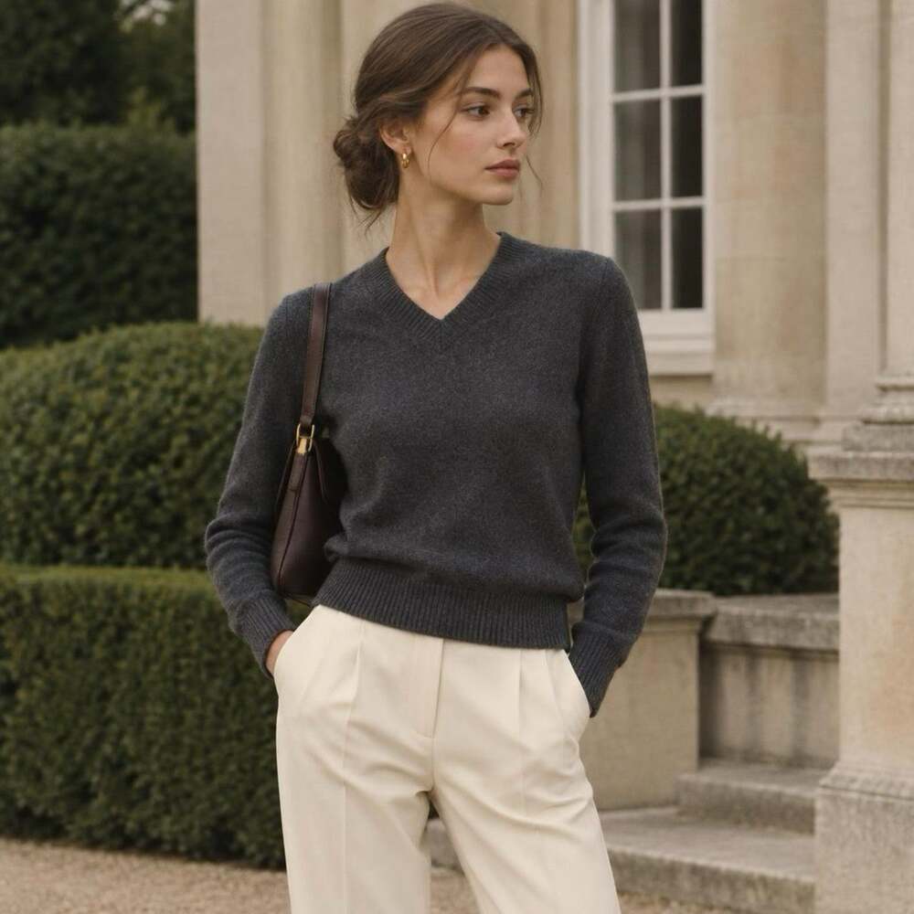 Christian Lacroix Sweater Women S 100% ExtraFineMerino Wool V-Neck OldMoney Gray